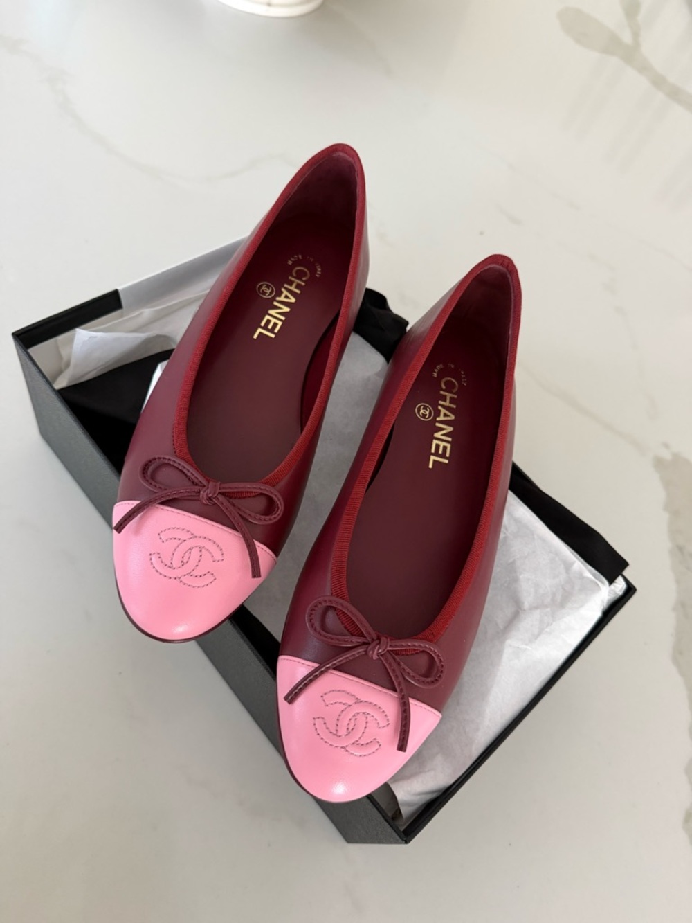 CHANEL Burgundy and Pink Two-Tone Cap-Toe Ballet Flats